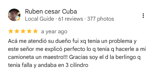 Ruben cesar Cuba, 5 estrellas. Acá me atendió su dueño fui xq tenía un problema y este señor me explicó perfecto lo q tenía q hacerle a mi camioneta un maestro!!! Gracias soy el d la berlingo q tenía falla y andaba en 3 cilindro