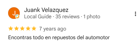 Juank Velazquez, 5 estrellas. Encontras todo en repuestos del automotor
